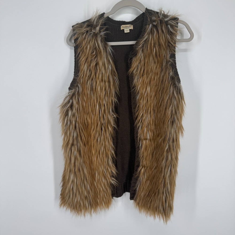 One World Medium Brown Faux Fur Vest Sweater Open Front